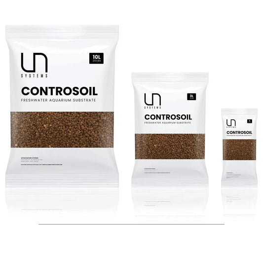 Three packages of UN Systems Controsoil aquarium substrate on a white background