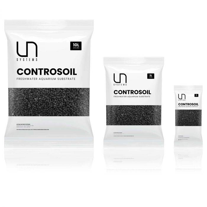 Three packages of UN Systems Controsoil aquarium substrate on a white background