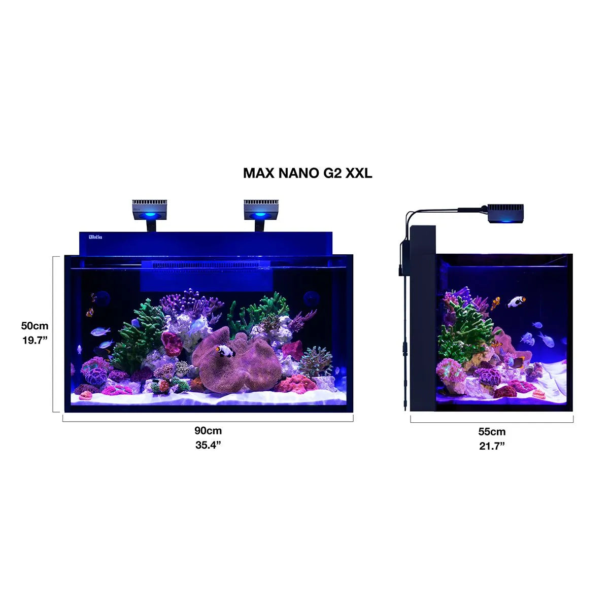 Comparison of two aquariums labeled 'MAX NANO G2 XXL' with dimensions and lighting features.