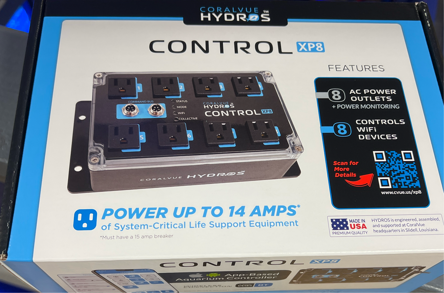 Packaging box for Hydros Control XP8 power station with features displayed on the front, including 8 outlets and the ability to control up to 14 AMPS.