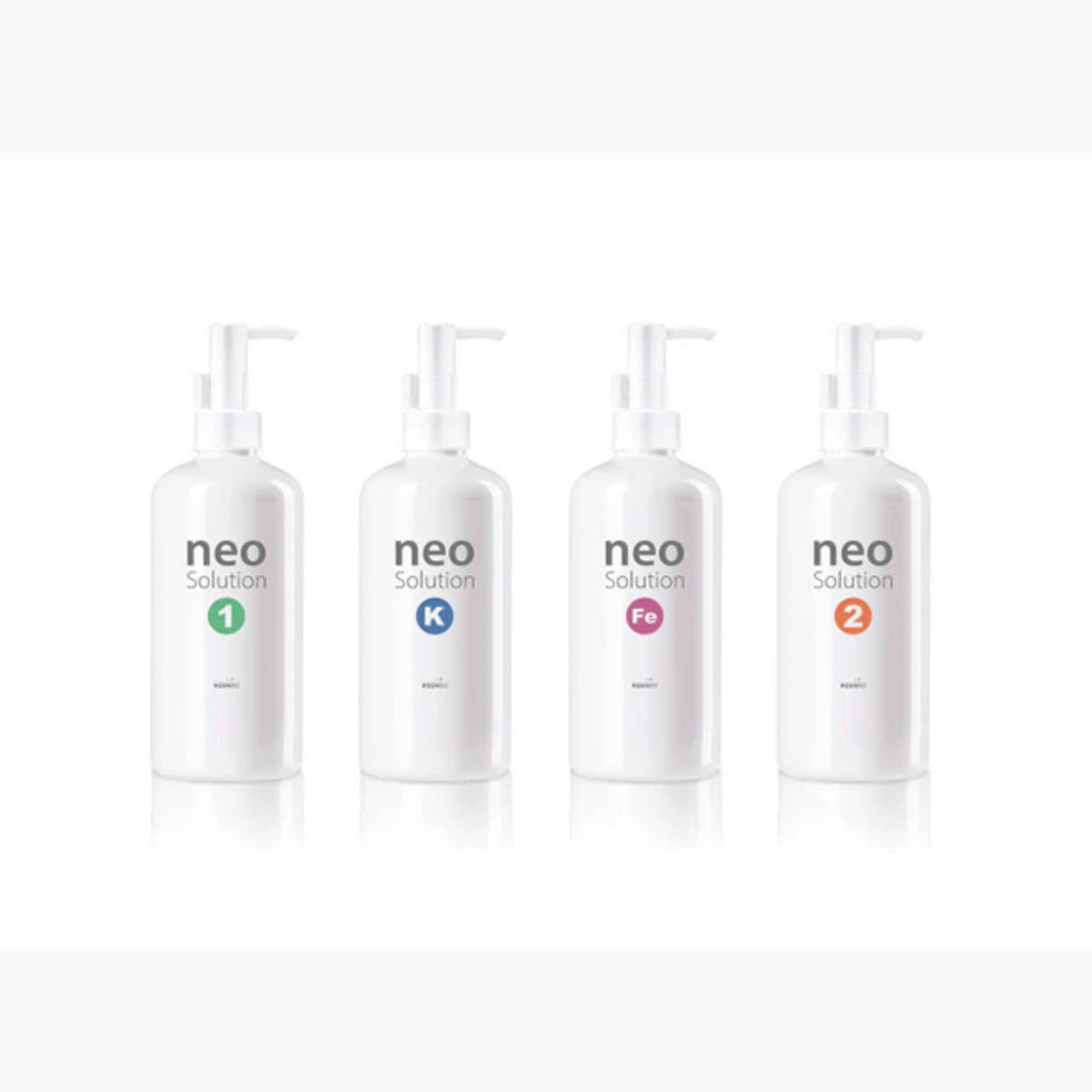 Four bottles of neo solution on a white background