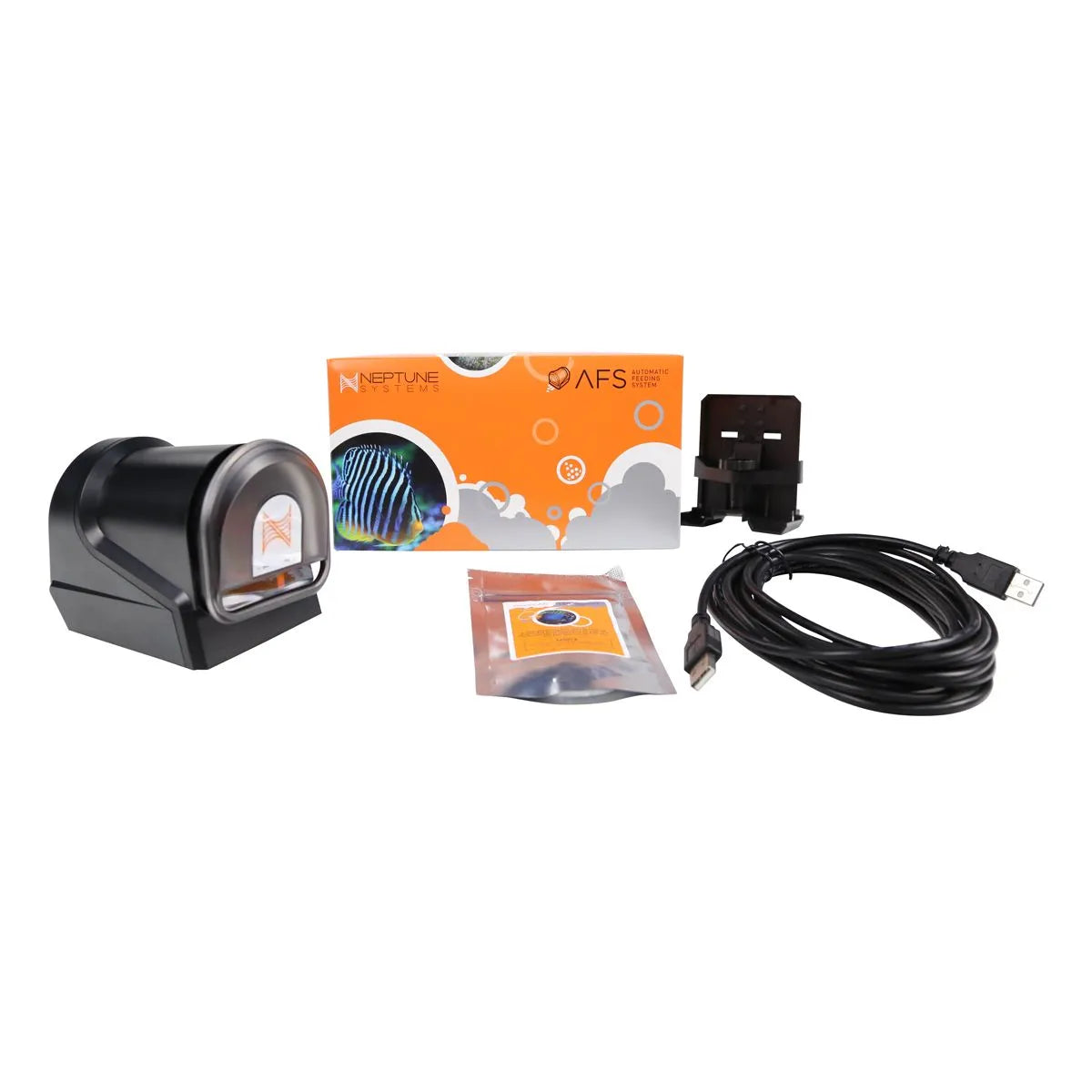Aquarium auto feeder kit with power adapter, cable, and packaging on a white background