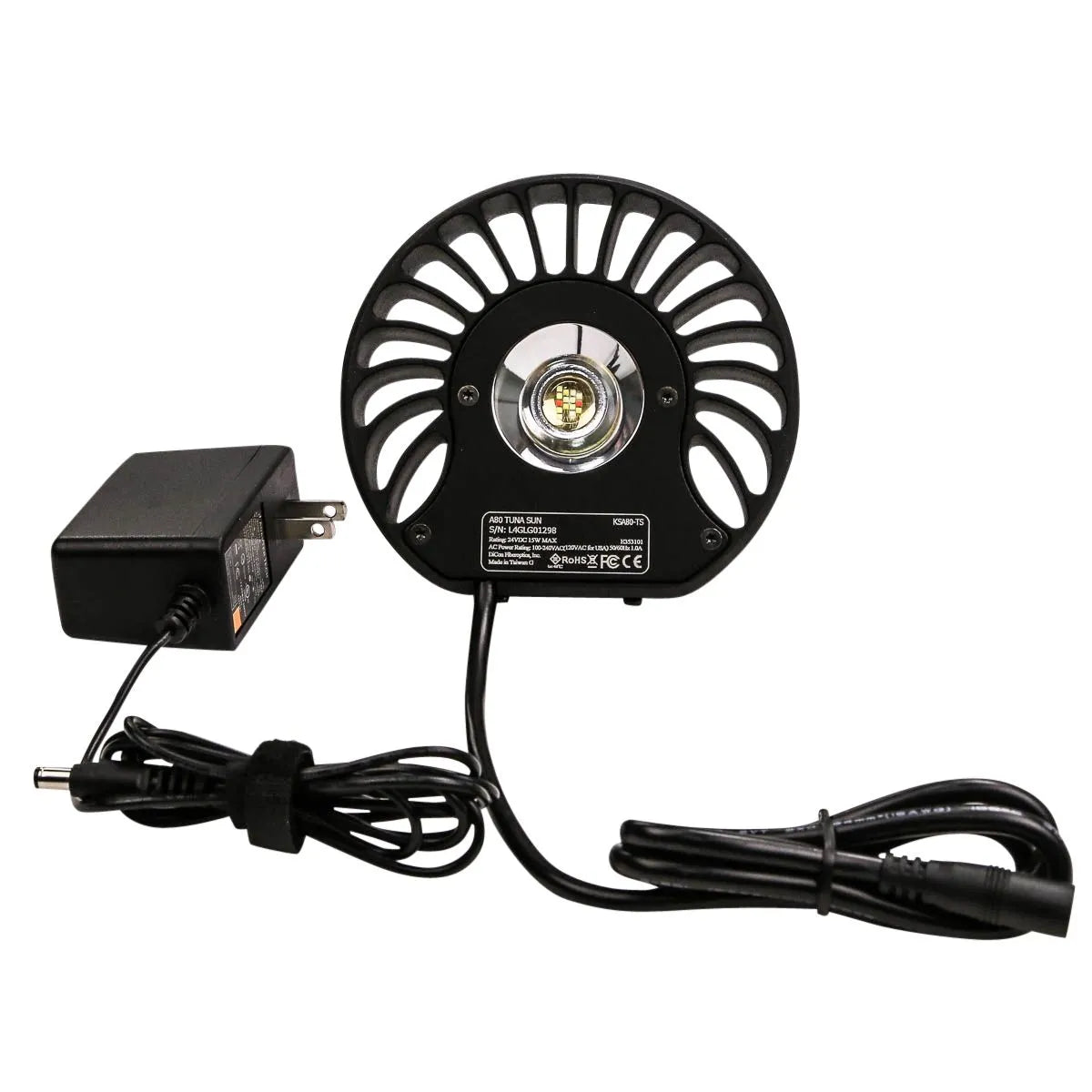 Black led light with heater syncs with power adapter on a white background