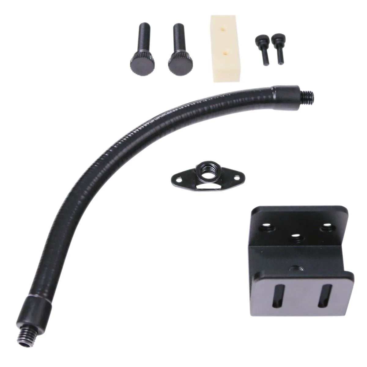 Mechanical parts including a black hose, metal bracket, and screws on a white background