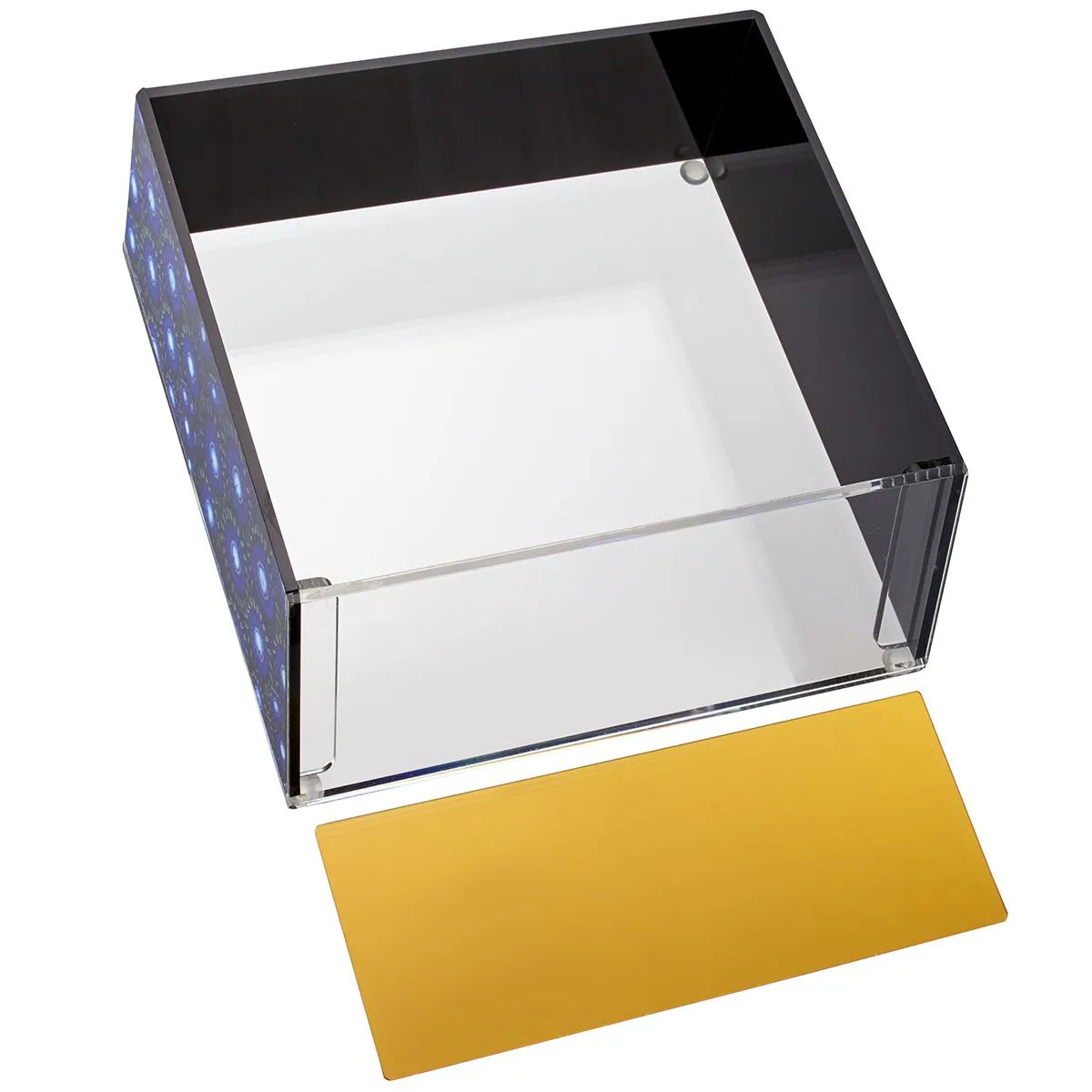 Clear acrylic block with a yellow card on a white background