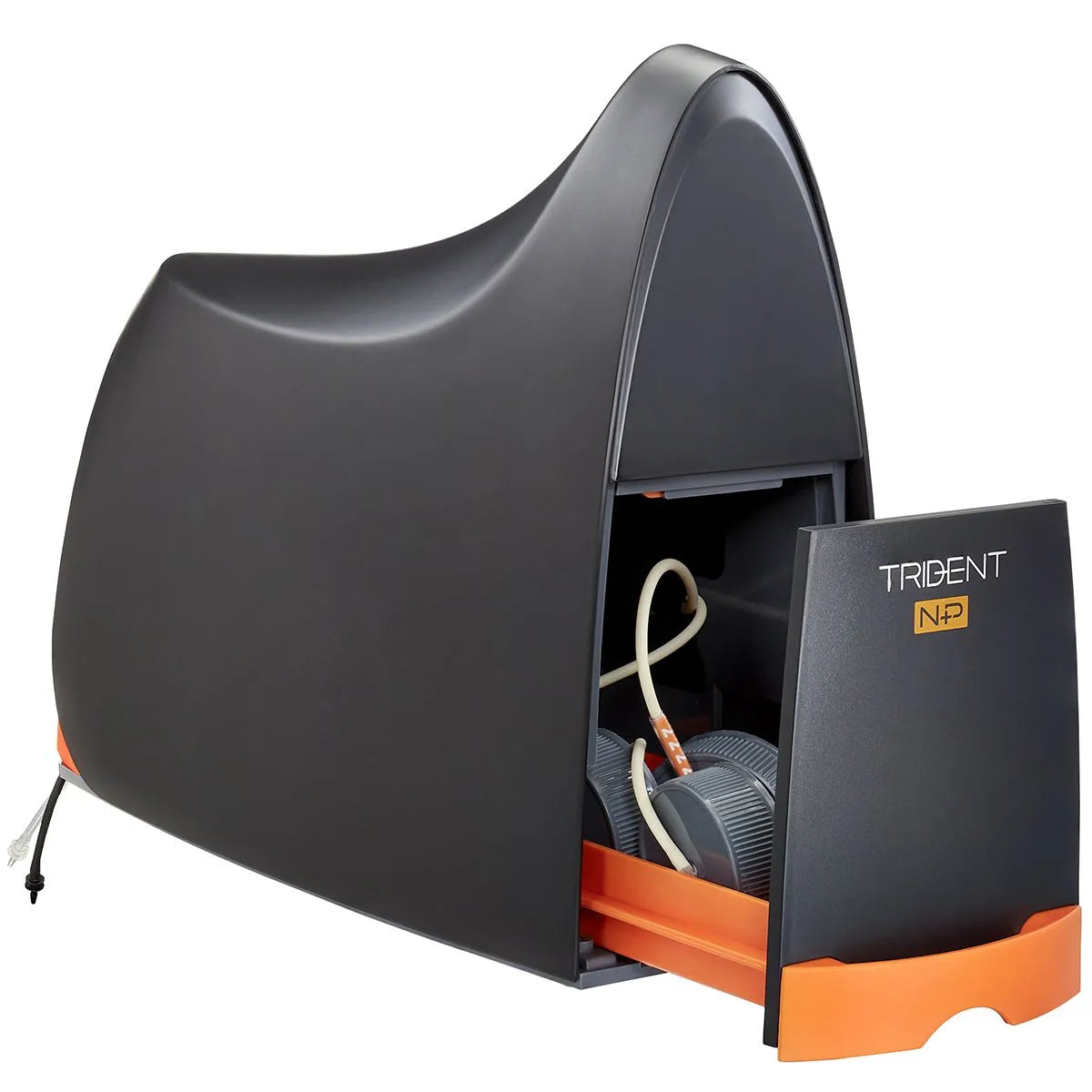 Black and orange storage unit with Trident branding on a white background