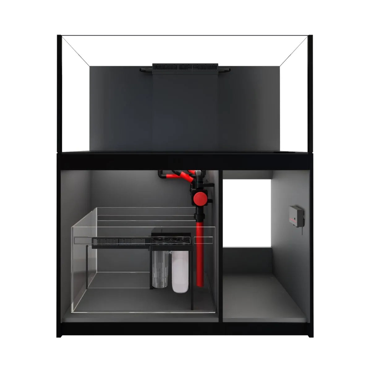 Black aquarium with transparent front panel on a white background