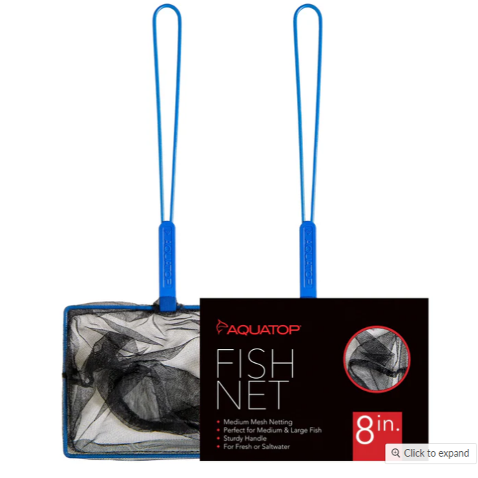 Aquatop fish net with blue handles in packaging on a white background