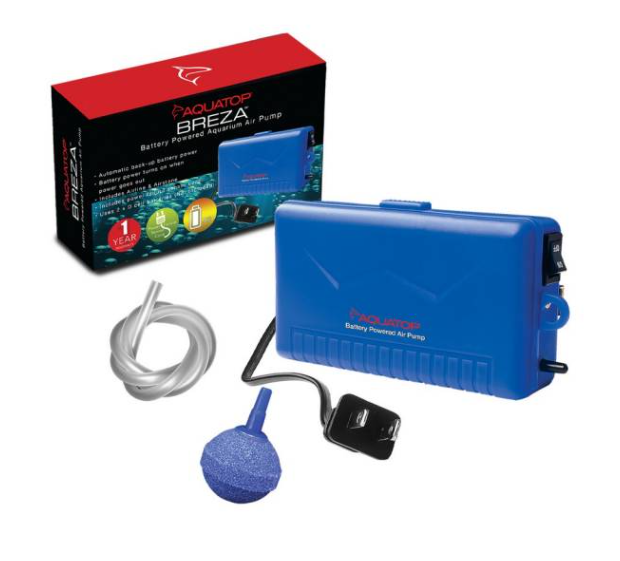 Blue battery-powered air pump with accessories and packaging on a white background