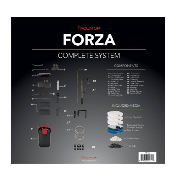 Aquatop Forza Complete System diagram with components and included media on a black background