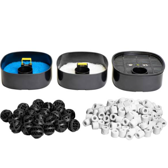 Collection of black and white filtration components for a aquarium filter on a white background