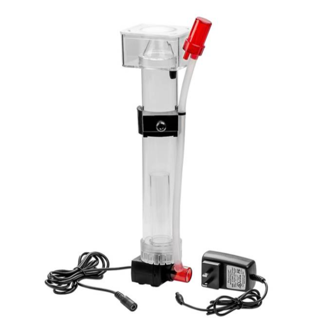 Clear Skimmer pump with red accents and power cord on a white background