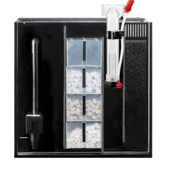Black and clear aquarium filtration system with various components on a white background