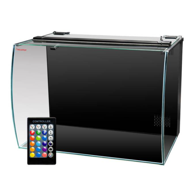 Black rectangular Aquatop Formosa 21.6 gallon aquarium with a light controller on a white background