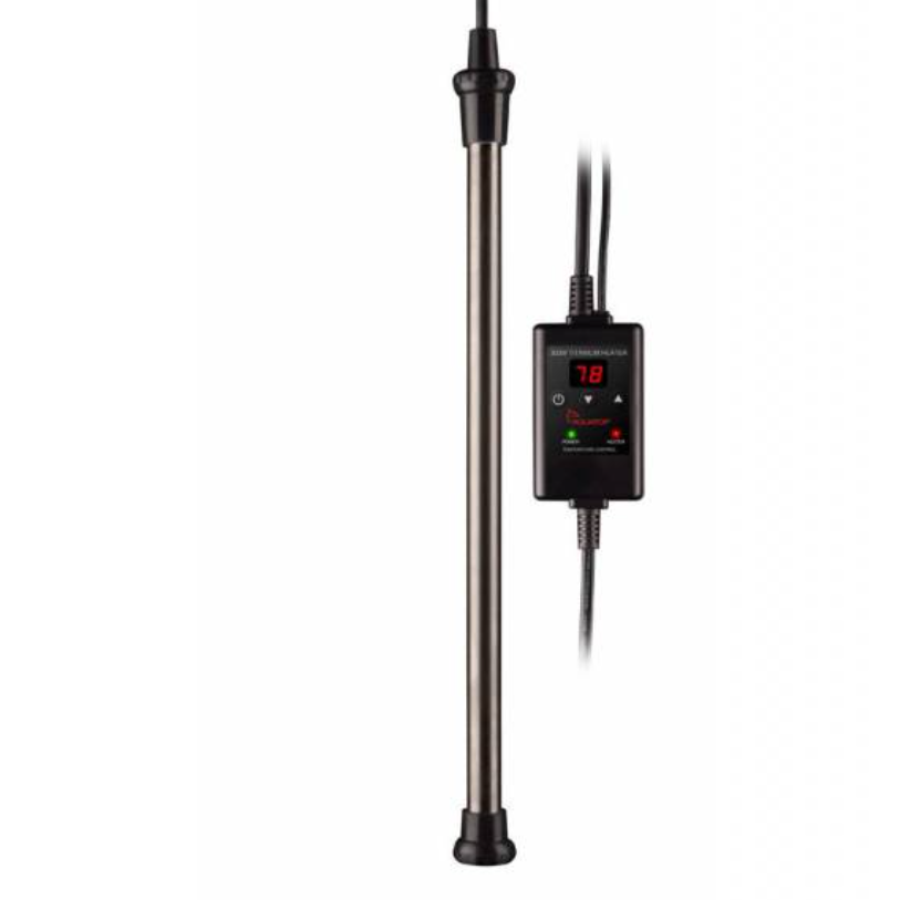 Black metal rod with digital temperature controller on a white background