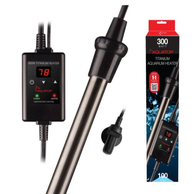 Aquator aquarium heater with digital display and packaging on a white background