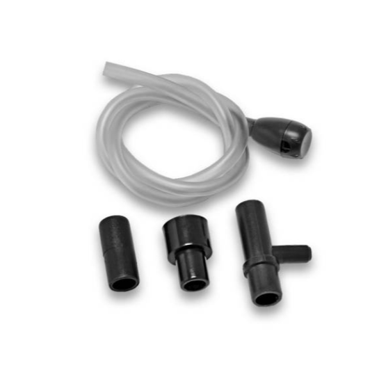 Set of black vacuum attachments and a clear hose on a white background