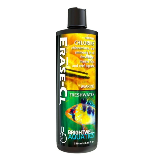 Bottle of Erase-CL aquarium water conditioner with colorful label on a white background