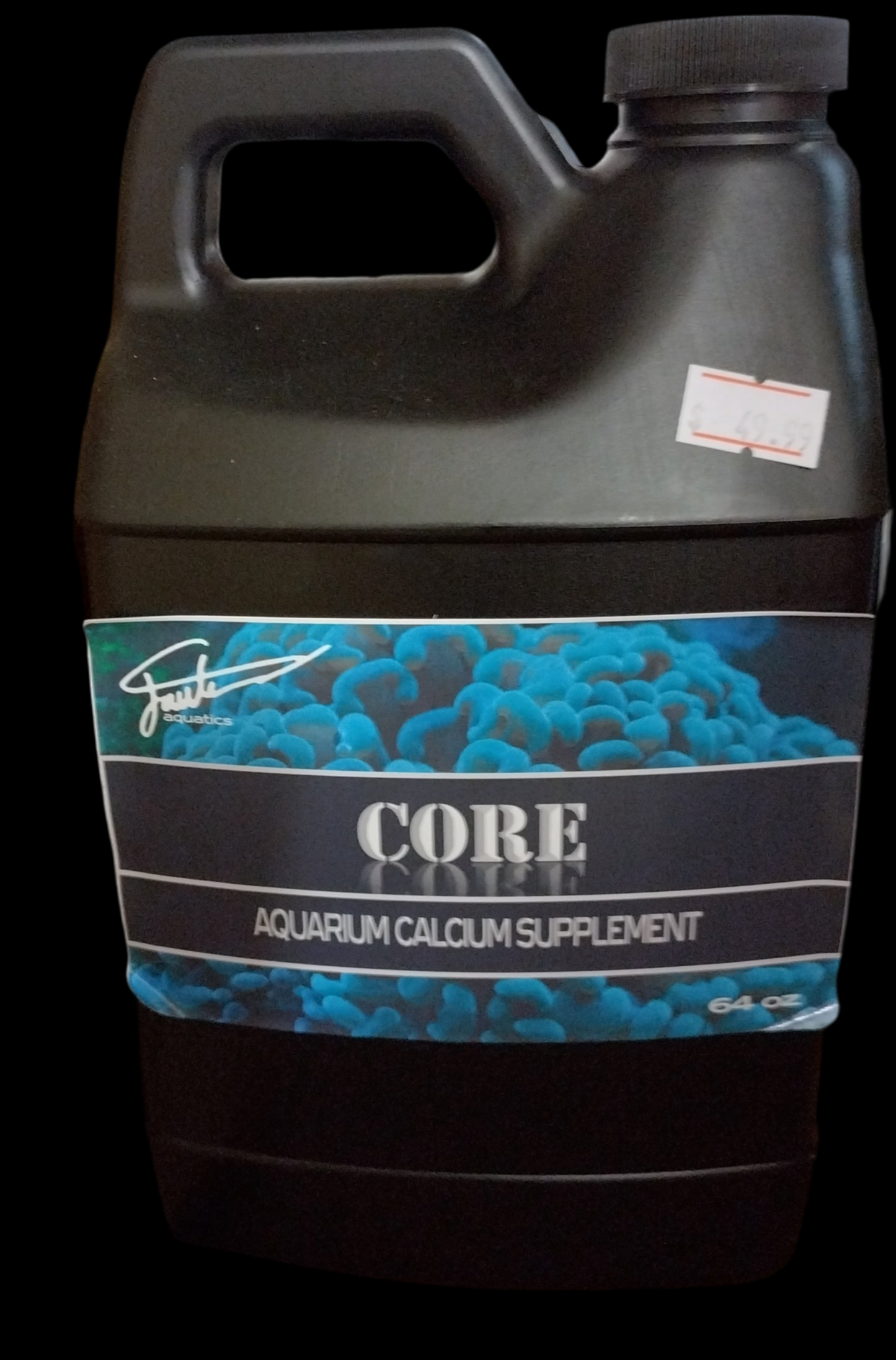 Black container of aquarium calcium supplement called CORE with blue label on a black background by company called fauth aquatics.