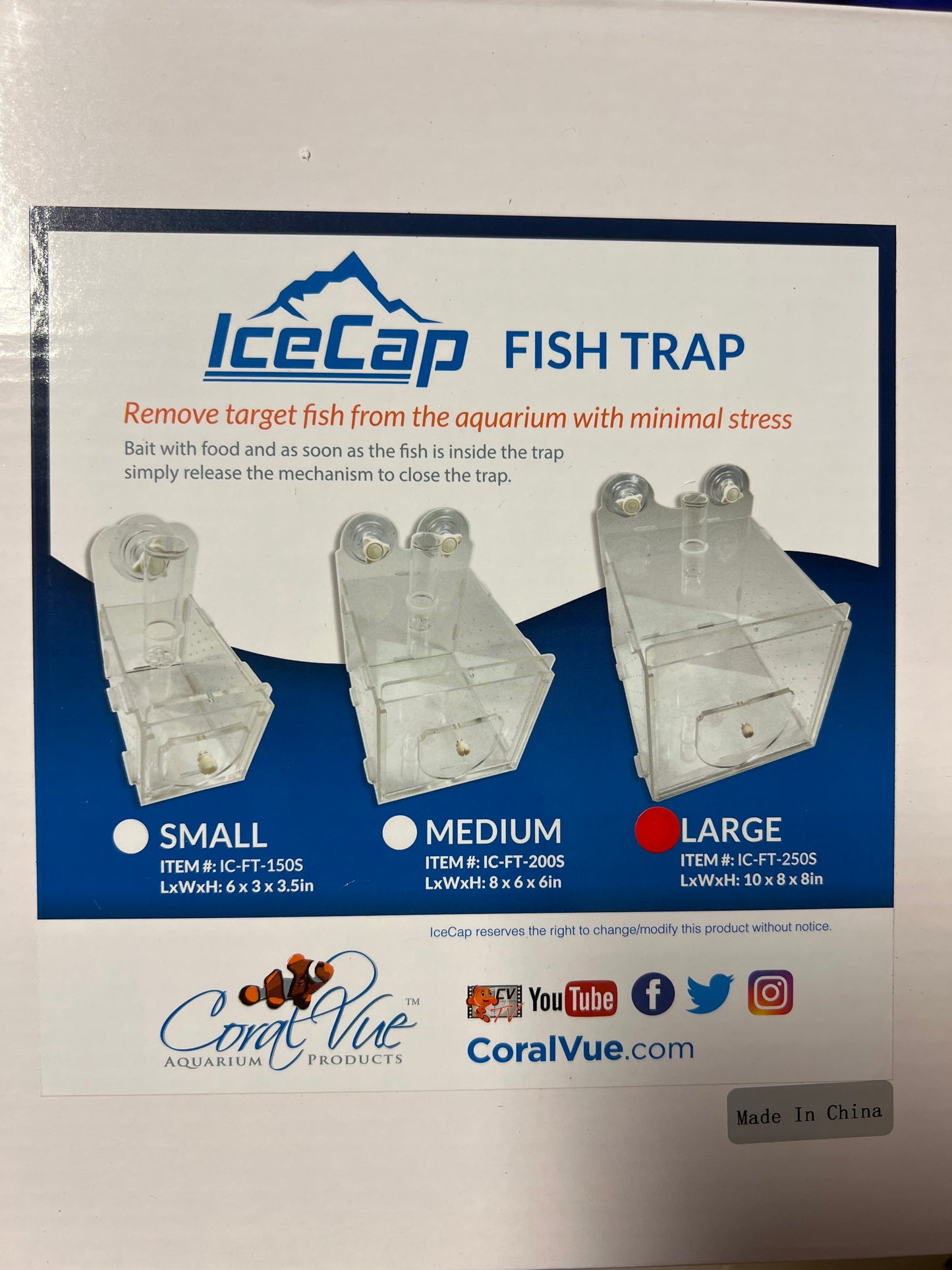 Packaging for Ice Cap Fish Trap with three different sizes indicated: small, medium, and large. The product is designed to remove target fish from the aquarium with minimal stress, and it's displayed on a white background with the brand name 'CoralVue'.