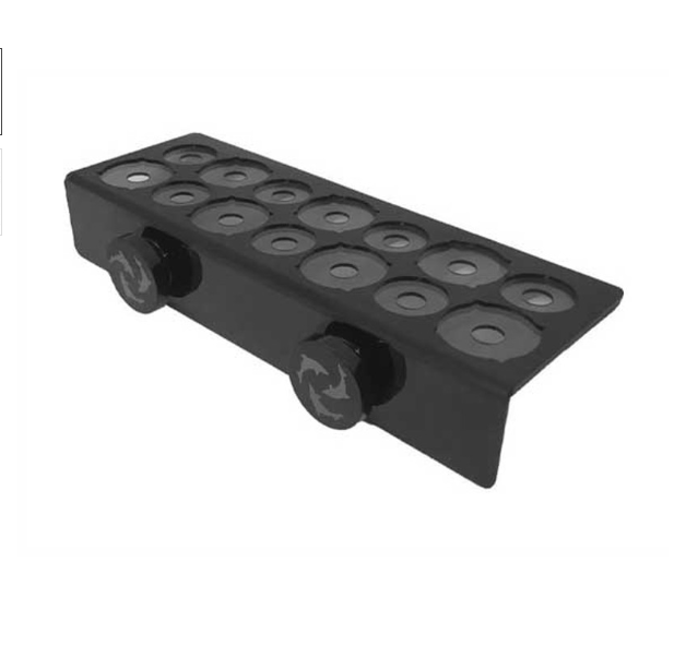 Black metal bracket with multiple holes on a white background