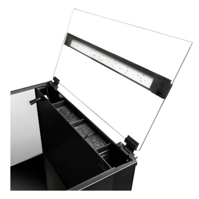 Aquarium with a transparent cover and LED light on a white background