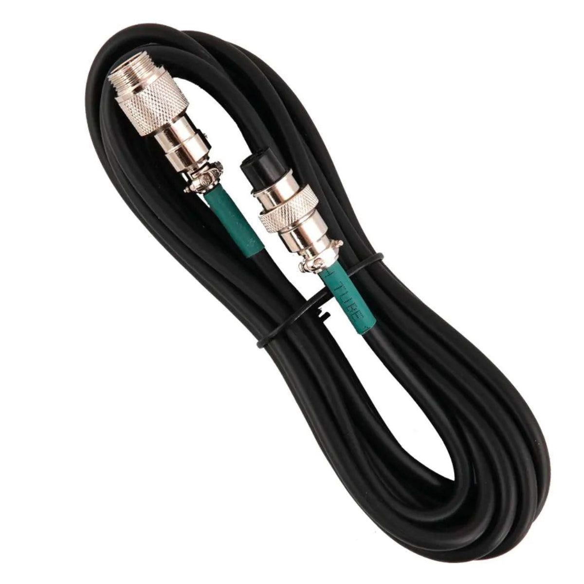 Coiled black cable with F-type connectors on a white background