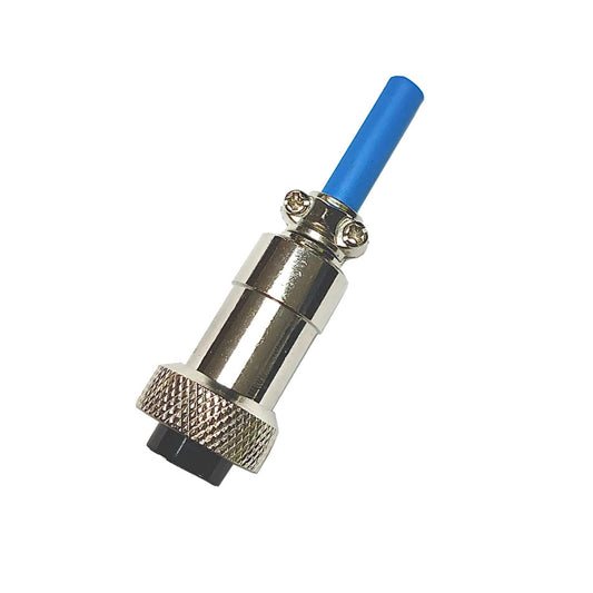 Metal connector with blue cap on a white background