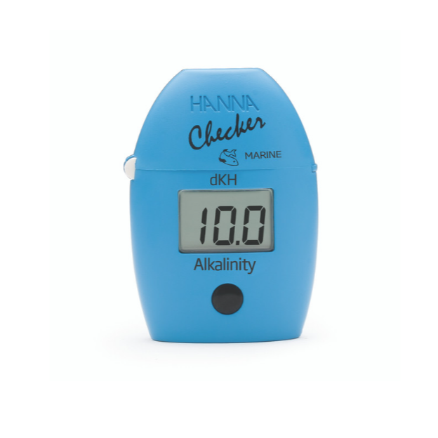 Blue Hanna Checker marine dKH alkalinity meter on a white background