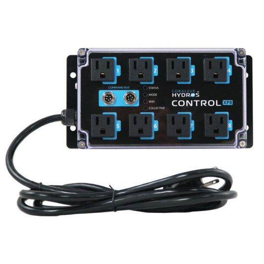 Control panel with multiple outlets and a cable on a white background