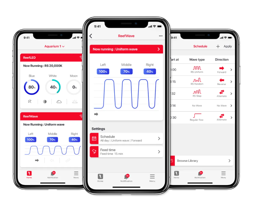 Three smartphone screens displaying an app interface with waveforms and settings.