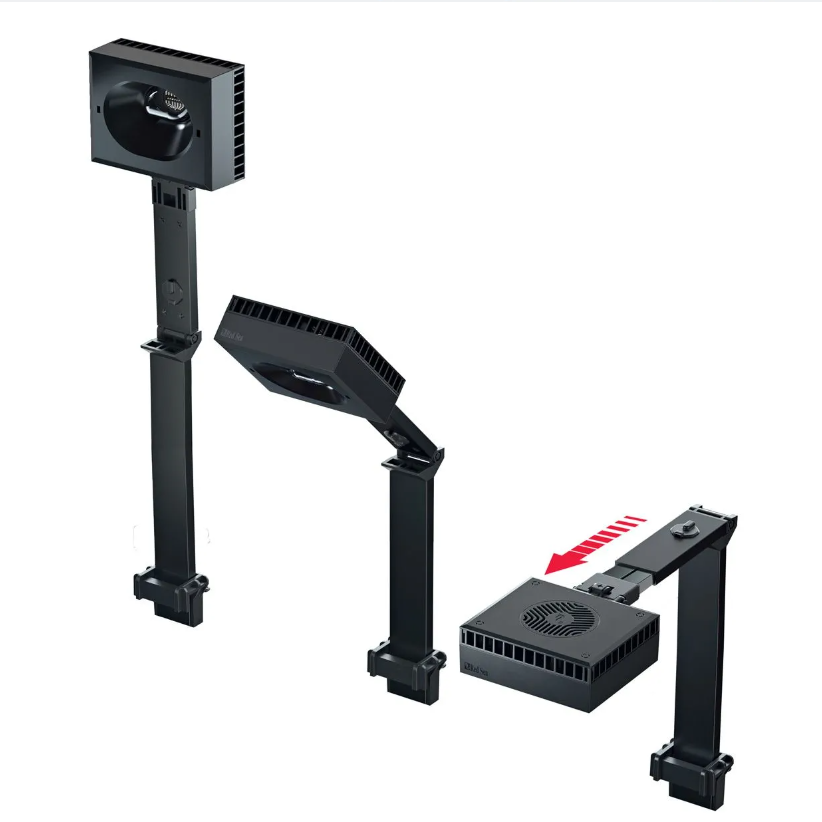Black adjustable light stand with a fan on a white background