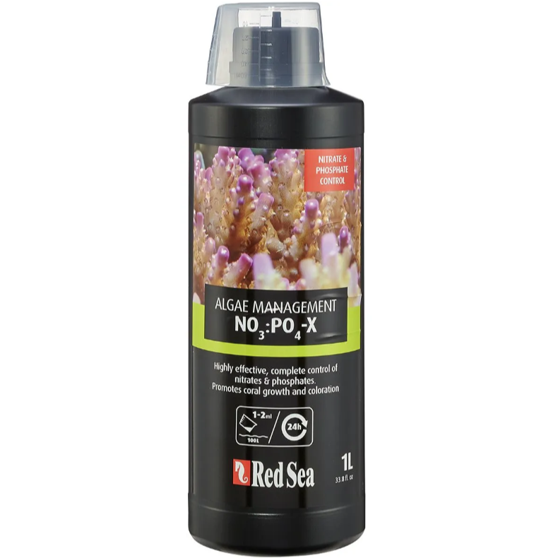 Black bottle of Red Sea Algae Management product with coral image on label