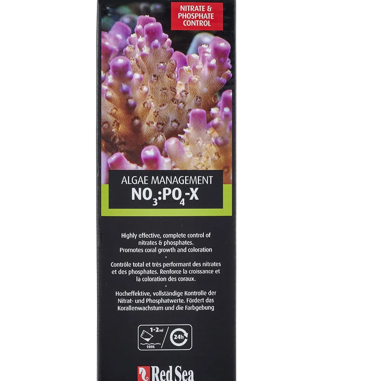 Red Sea aquarium product packaging with coral image and text on a white background