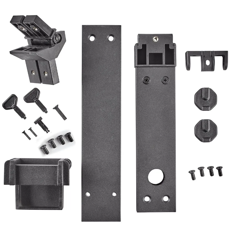 Set of black metal components and hardware on a white background