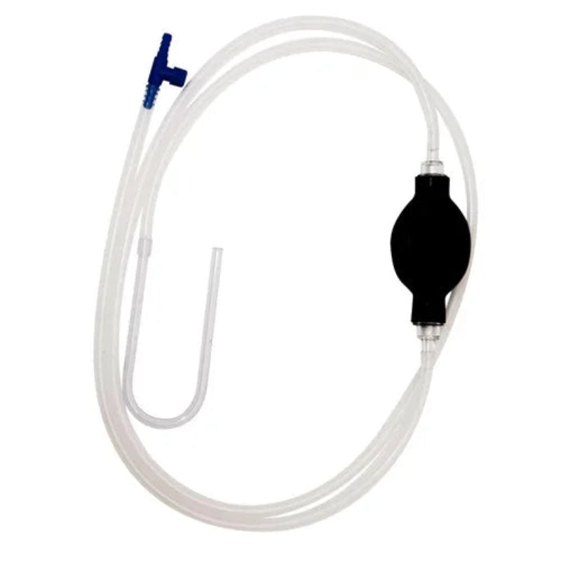 Black and clear plastic device with a hose on a white background