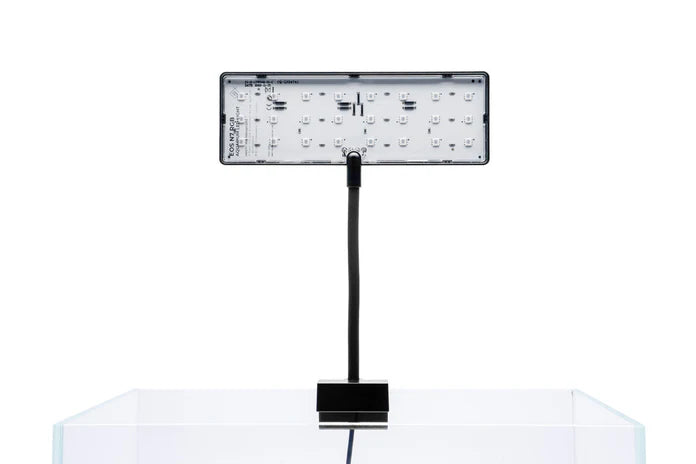 small aquarium light with leds mounted on back of a rimless aquarium with a white background