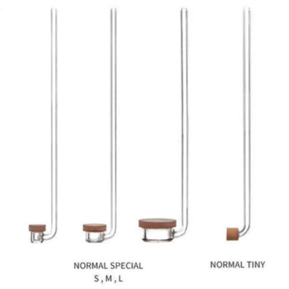 Set of glass tubes with wooden caps in various sizes on a white background to diffuse CO2