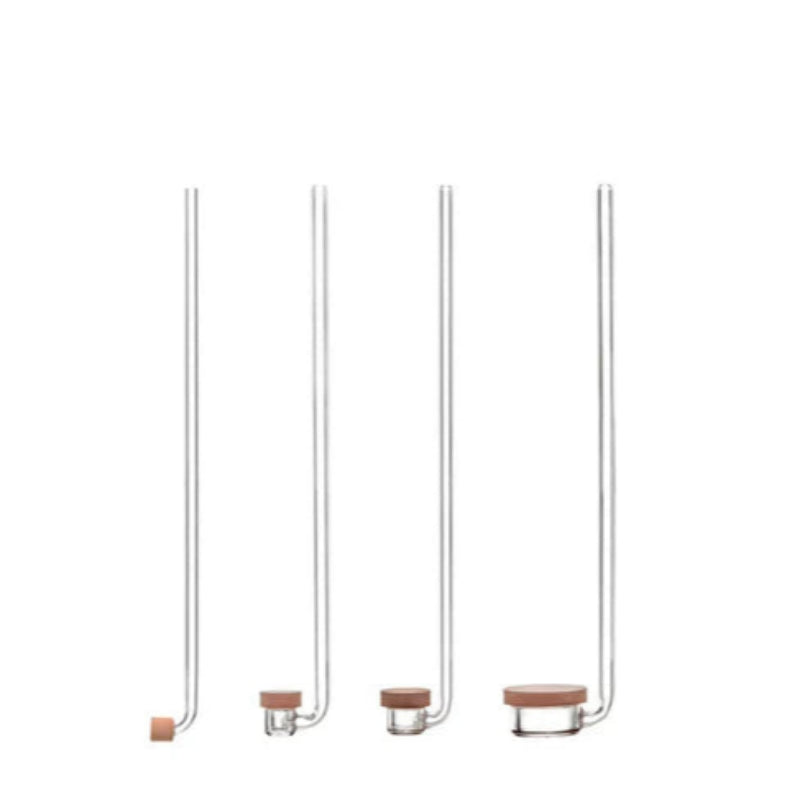 Set of four glass tubes with wooden caps on a white background