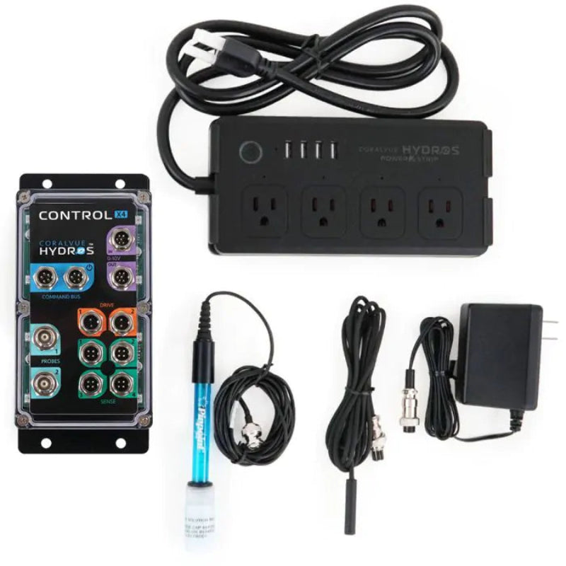 Collection of electronic components including a power strip, control panel, and cables on a white background.