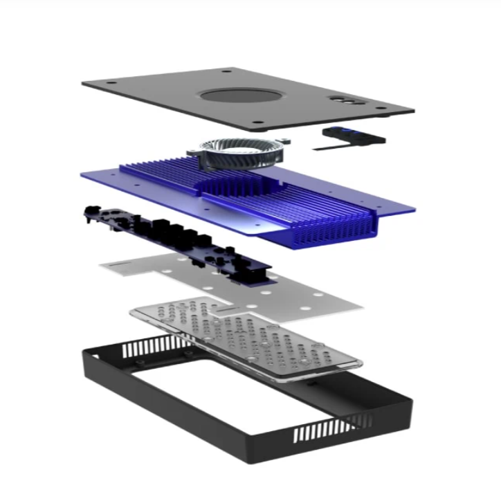 Mechanical parts of a ecotech radion XR30 Aquarium light on a white background