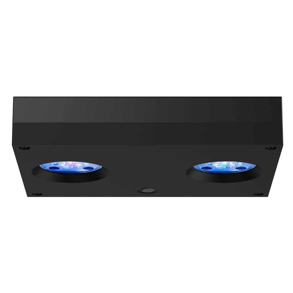 Black rectangular light fixture with two blue LED lights on a white background