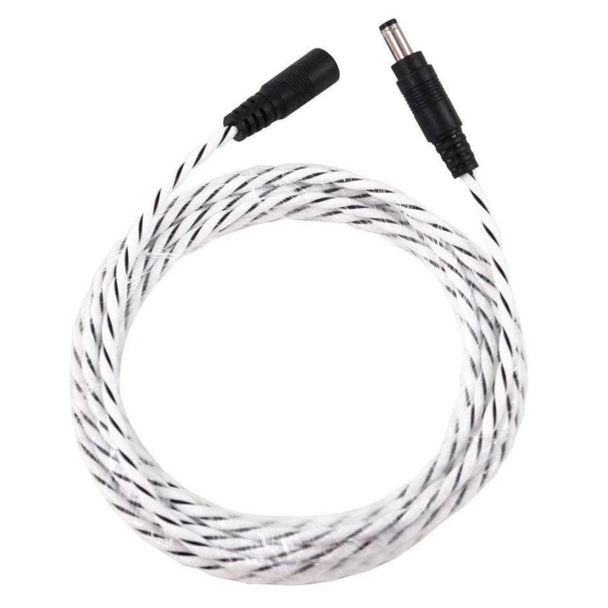 Coiled cable with black connectors on a white background