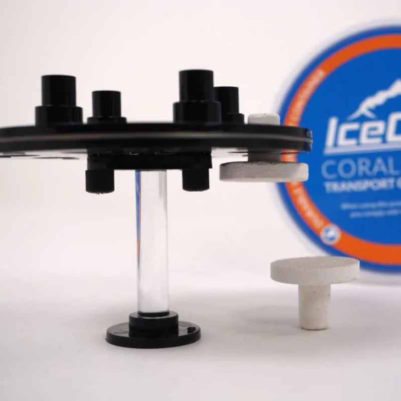 Black circular object with multiple components on a white background, featuring IceCube Coral Transport logo.