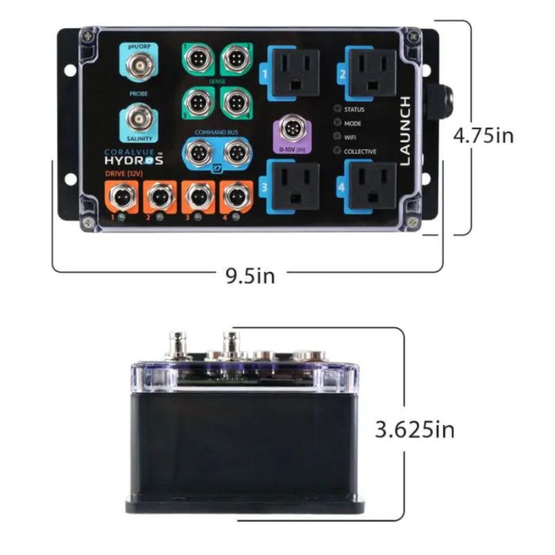 Electronic control module with various connectors and dimensions displayed.
