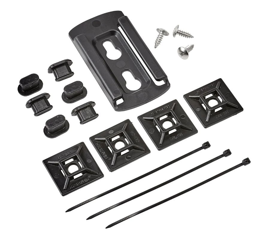Set of black hardware components including brackets and screws on a white background