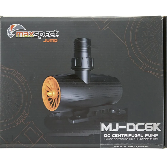 Maxspect Jump DC Centrifugal Pump packaging with pump illustration on a black background