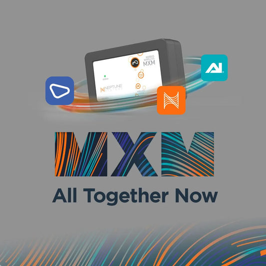 MXM device with colorful design elements and logos on a gray background
