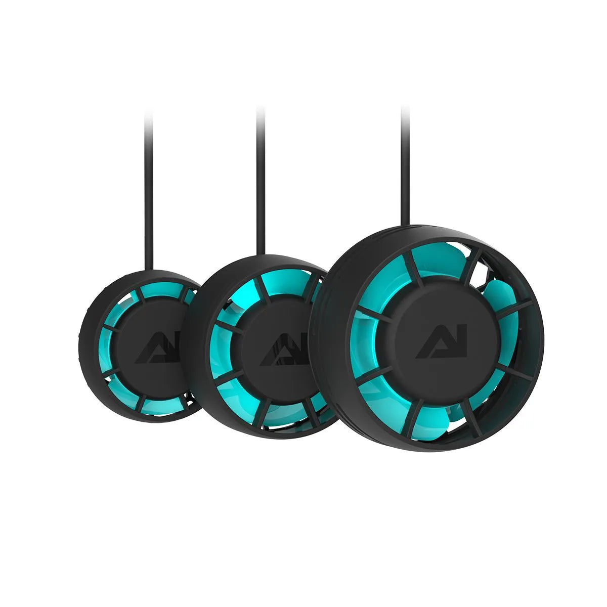 Three black and teal circular objects with a brand logo on a white background