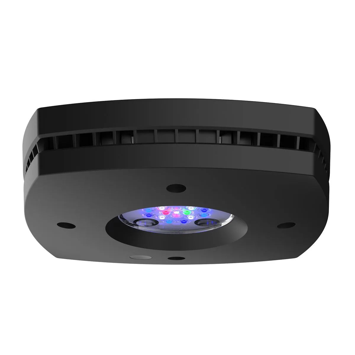 Black LED light fixture with colorful interior on a white background Ai prime